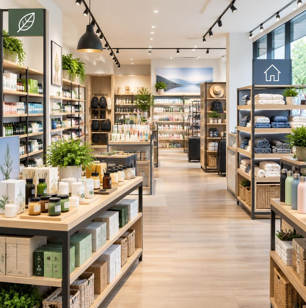 Well organized modern retail store interior with shelves
