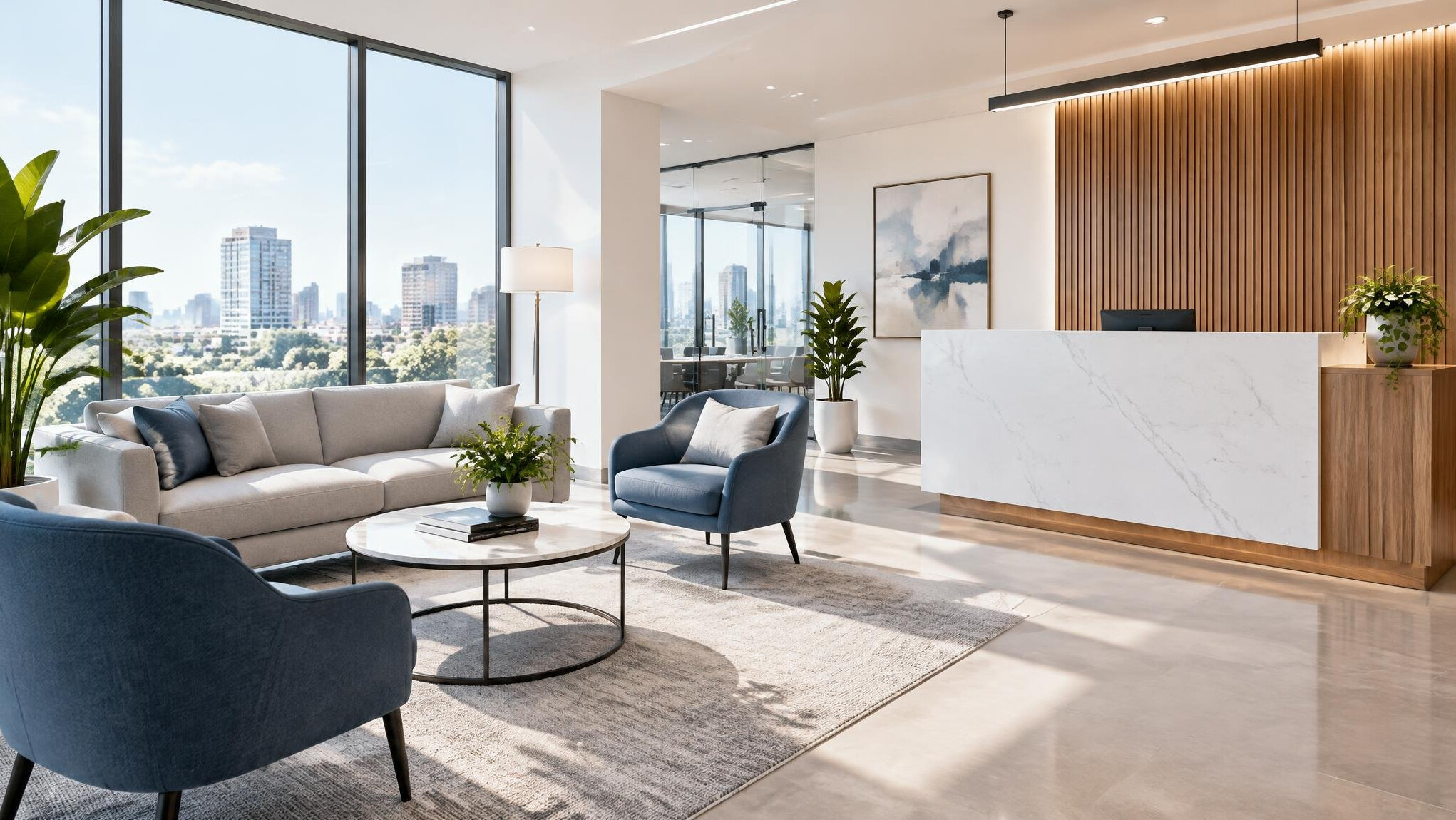 Modern office reception area with natural light