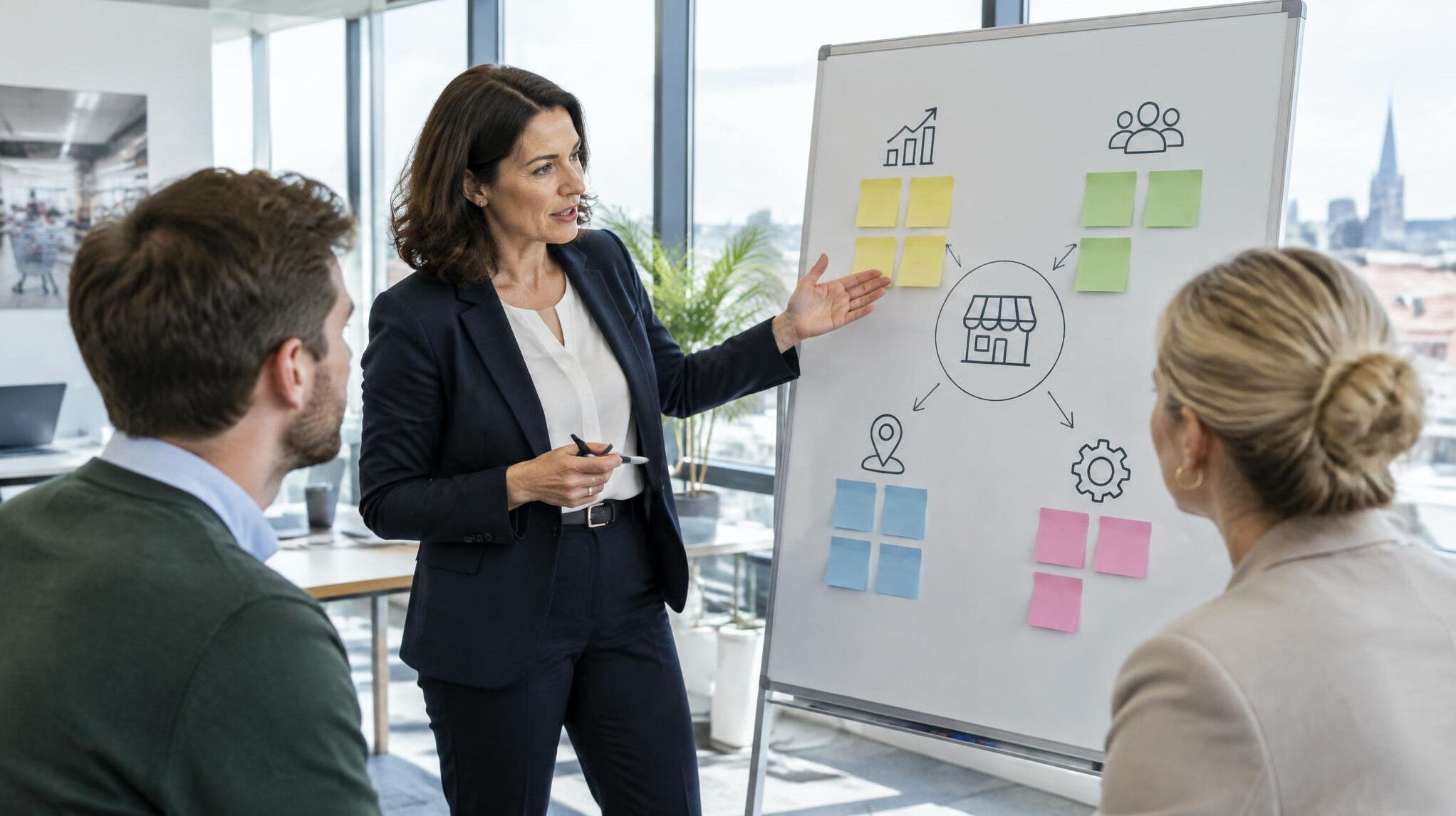 Retail operations manager presenting a strategy board to colleagues
