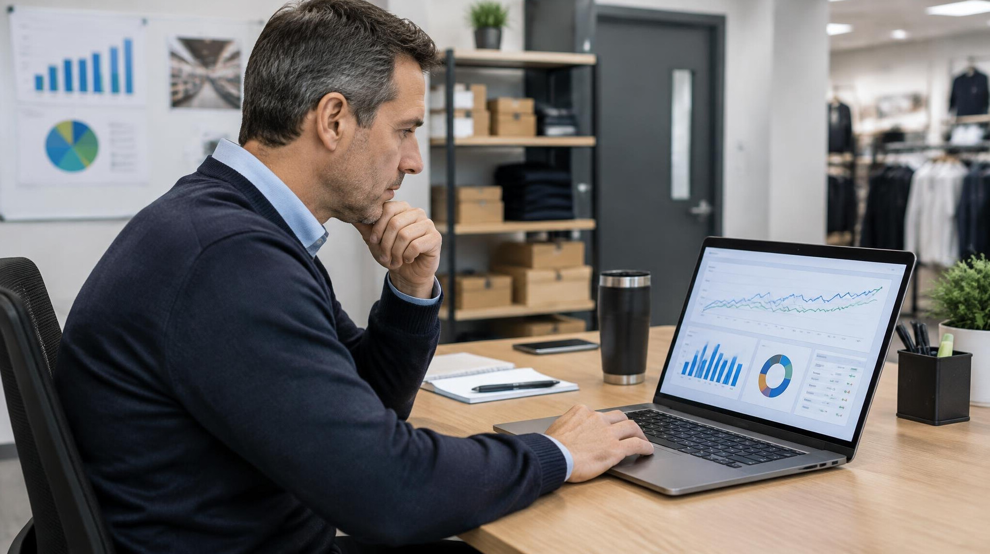 Retail operations manager reviewing store performance data